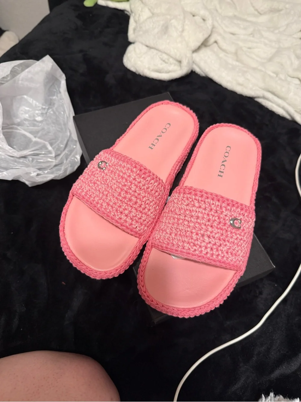 Coach Coral Pink Woven Slide Sandal